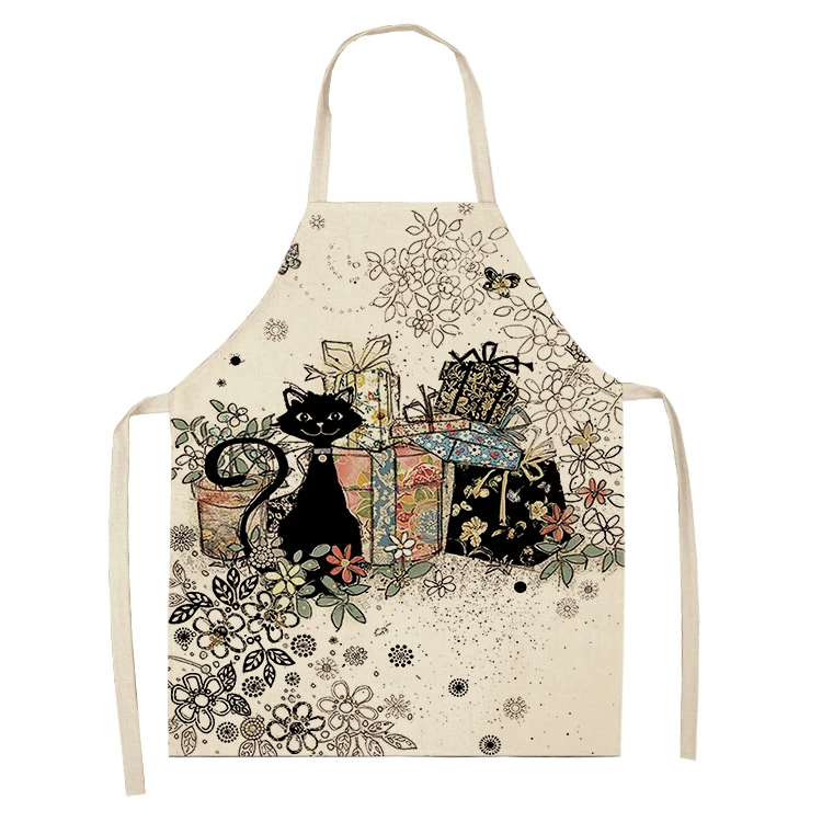 Black White Cat Letter Kitchen Aprons For Women Cotton Linen Bibs Household Cleaning Pinafore Home Cooking Apron 55x68cm