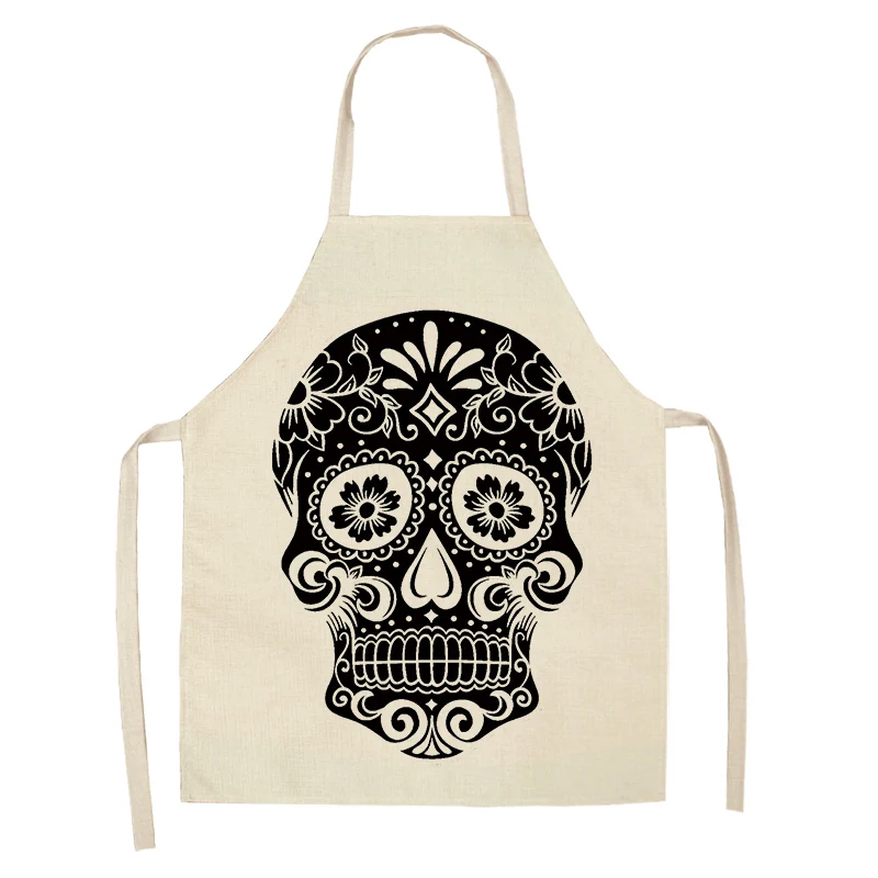 1Pcs Skull Pattern Kitchen Apron for Cooking Sleeveless Cotton Linen Aprons Adult Bibs Home Cleaning Accessories