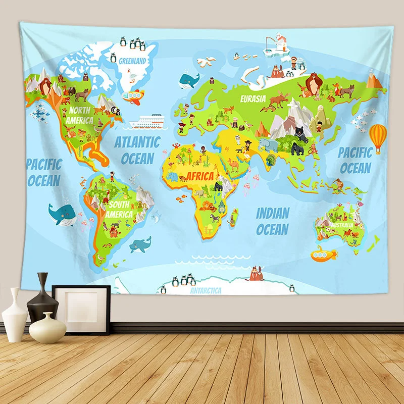Animals World Map Tapestry Wall Hanging Large Kids Educational Landmarks World Map Tapestry Kindergarten Children's Room Decor