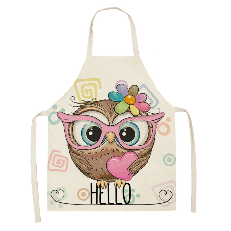 1Pcs Owl Sleeveless Chef Apron Cotton Linen Flower Printed Kitchen Brief Pinafore Women Home Cooking Baking Waist Bib