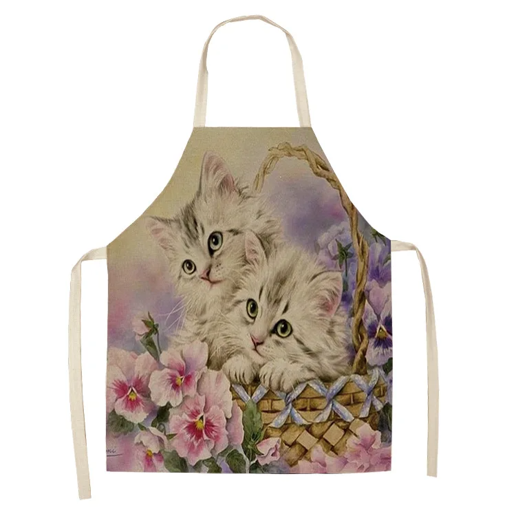 Parent-child Kitchen Apron Cartoon Cat/Panda/Tiger Printed Sleeveless Cotton Linen Aprons for Men Women Home Cleaning Tools