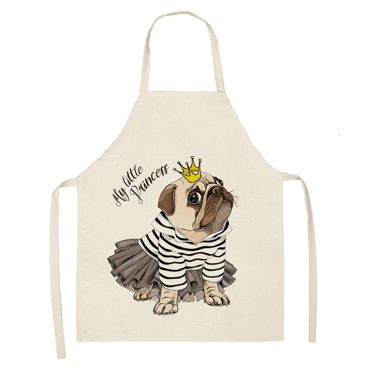Cute Dog Pug Pattern Cotton Linen Sleeveless Chef Apron Kitchen Aprons Women Home Cooking Baking Waist Bib Pinafore
