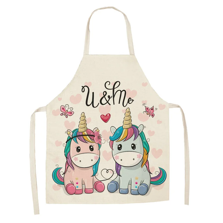 Parent-child Kitchen Apron Cartoon Rainbow Unicorn Printed Sleeveless Cotton Linen Aprons for Men Women Home Cleaning Tools
