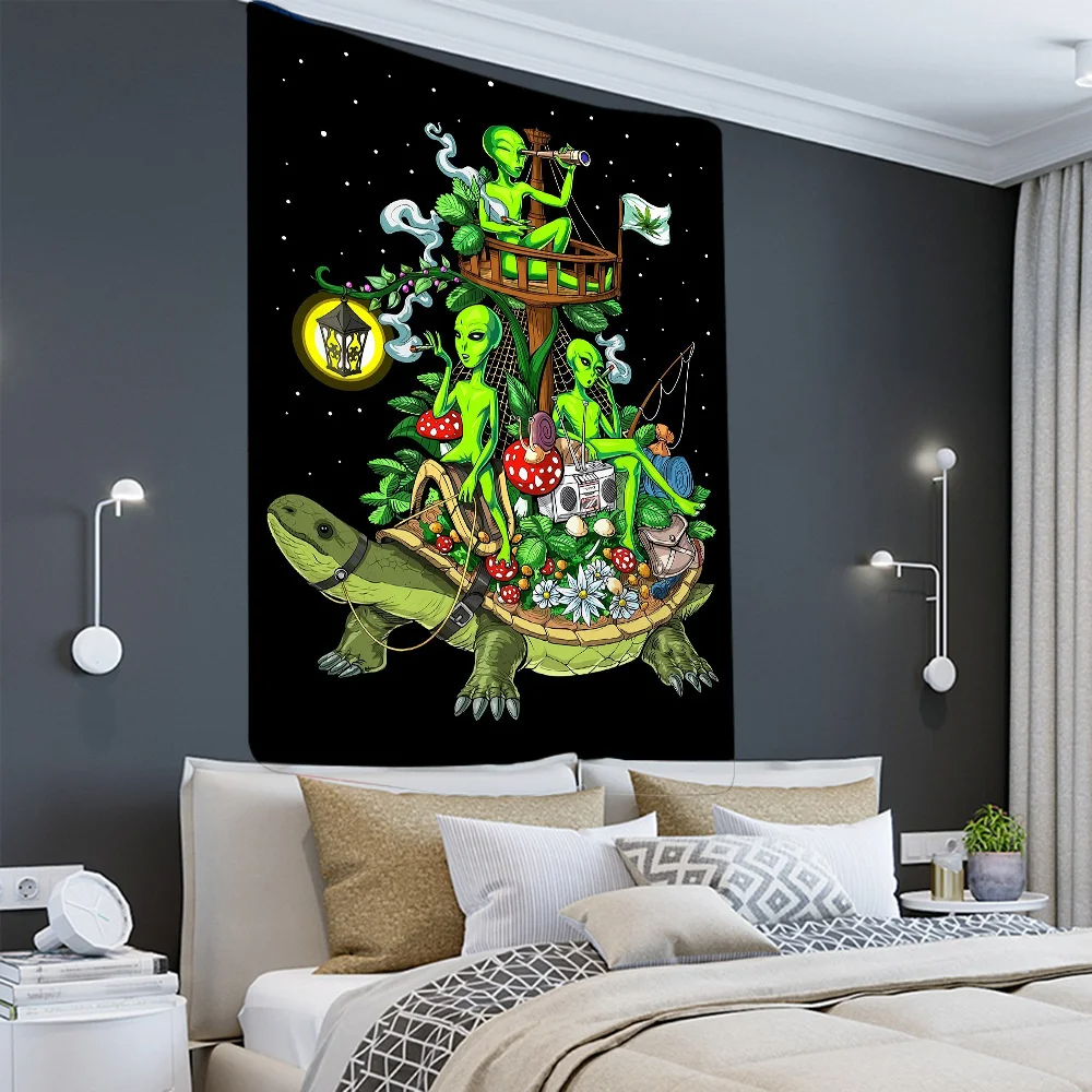 Alien Black Tapestry Cartoon Illustration Hippie Art Mushroom Eye Wall Hanging Tapestries for Living Room Home Dorm Decor Cloth