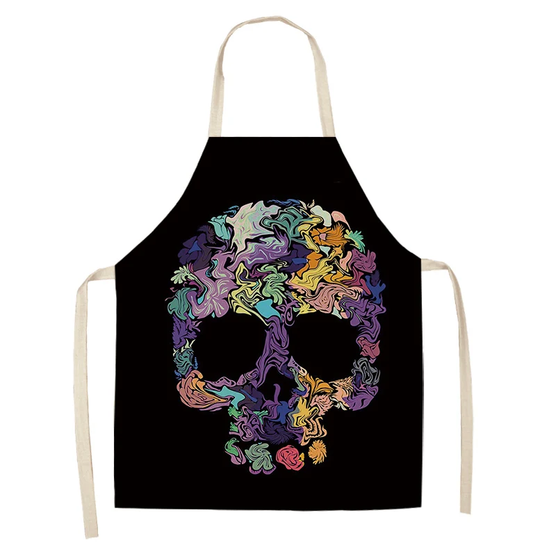 Skull Pattern Kitchen Apron for Cooking Sleeveless Cotton Linen Aprons Adult Bibs Home Cleaning Accessories