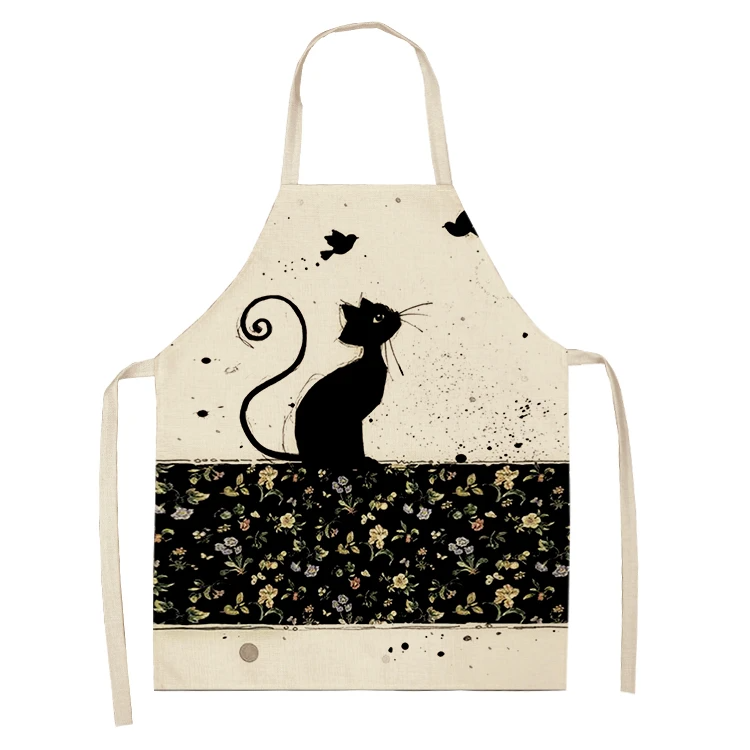 Black White Cat Letter Kitchen Aprons For Women Cotton Linen Bibs Household Cleaning Pinafore Home Cooking Apron 55x68cm
